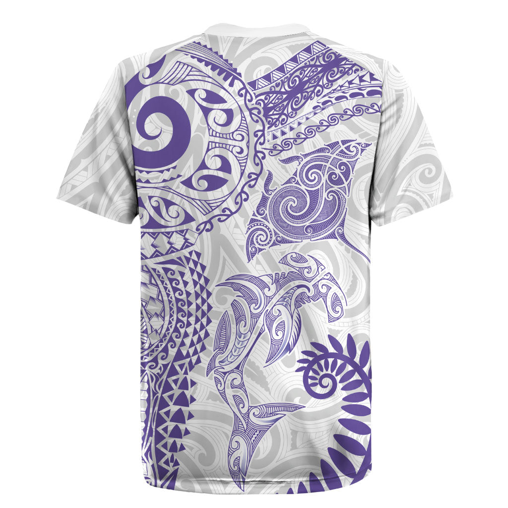 Aotearoa Maori Sea Animals Tribal Rugby Jersey Manta Ray and Shark Moko Pattern Purple Color