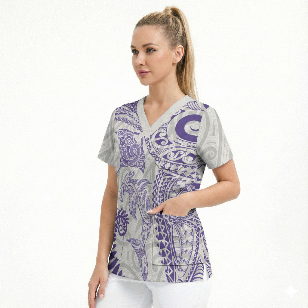 Aotearoa Maori Sea Animals Tribal Scrub Top Manta Ray and Shark Moko Pattern Purple Color