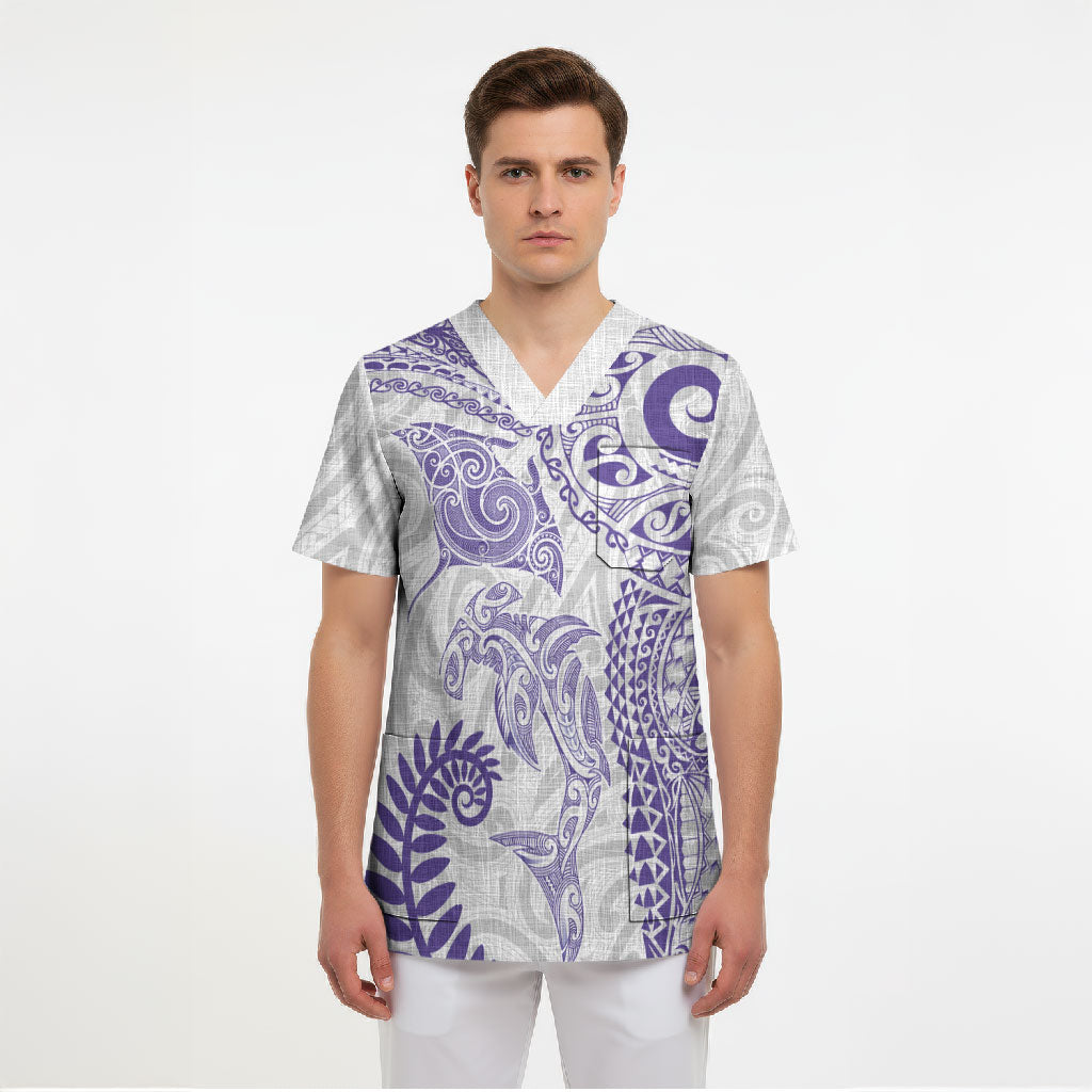 Aotearoa Maori Sea Animals Tribal Scrub Top Manta Ray and Shark Moko Pattern Purple Color