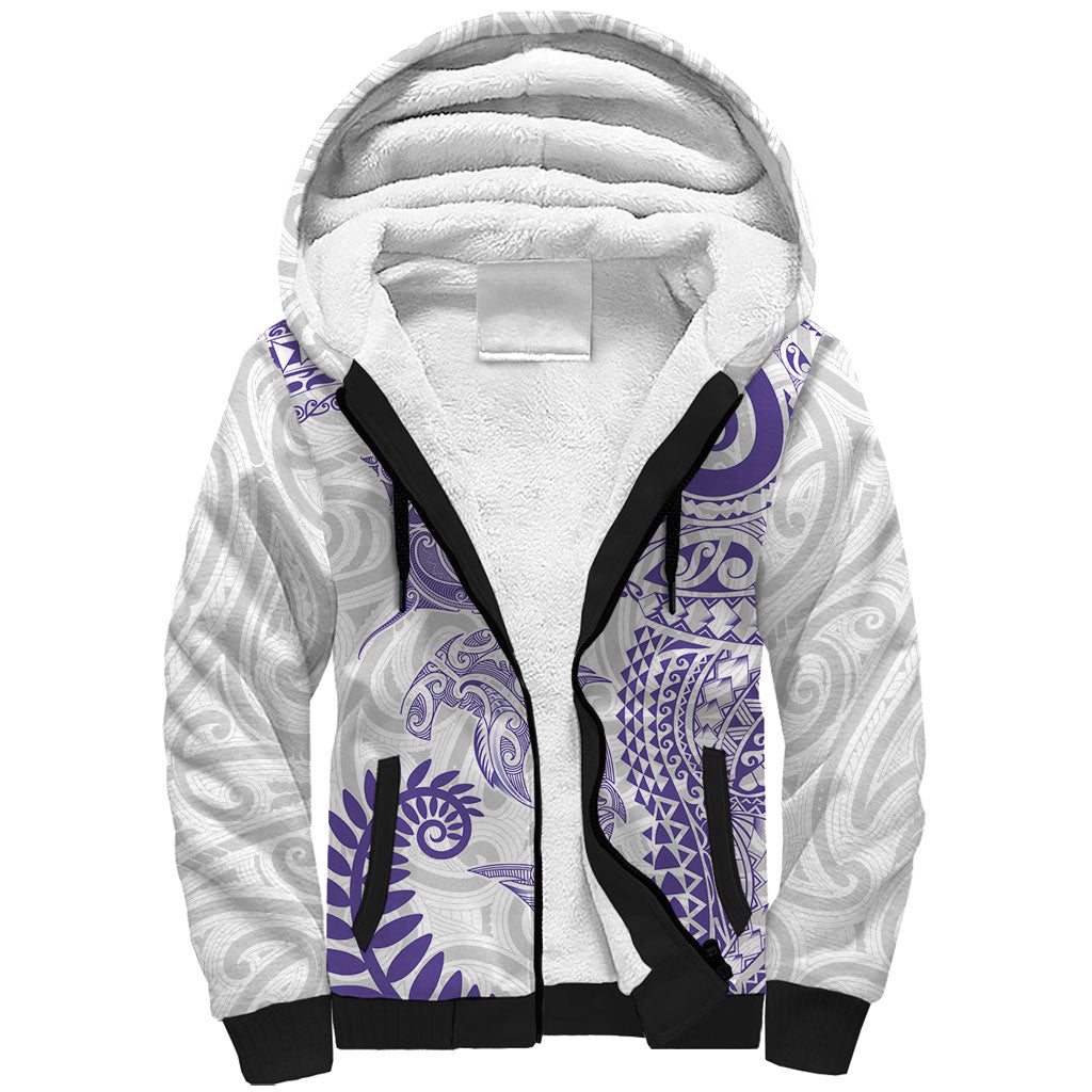 Aotearoa Maori Sea Animals Tribal Sherpa Hoodie Manta Ray and Shark Moko Pattern Purple Color LT03 Unisex Purple - Polynesian Pride