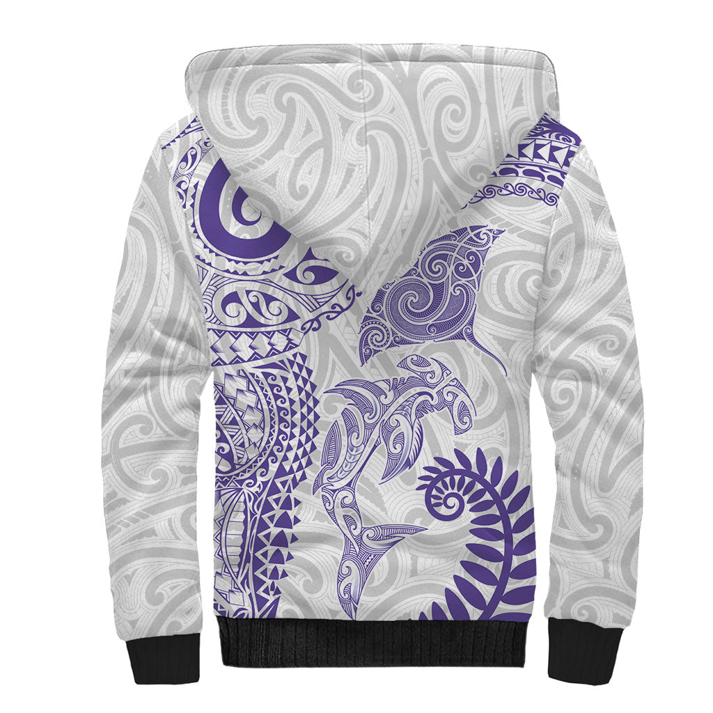 Aotearoa Maori Sea Animals Tribal Sherpa Hoodie Manta Ray and Shark Moko Pattern Purple Color LT03 - Polynesian Pride