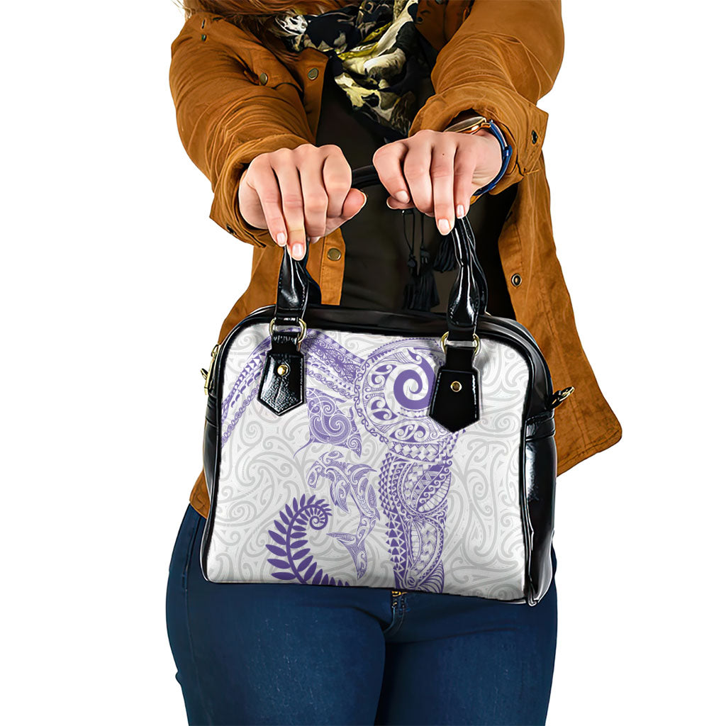 Aotearoa Maori Sea Animals Tribal Shoulder Handbag Manta Ray and Shark Moko Pattern Purple Color
