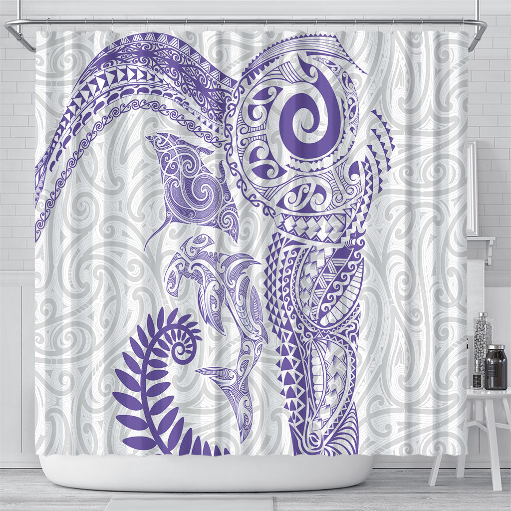 Aotearoa Maori Sea Animals Tribal Shower Curtain Manta Ray and Shark Moko Pattern Purple Color