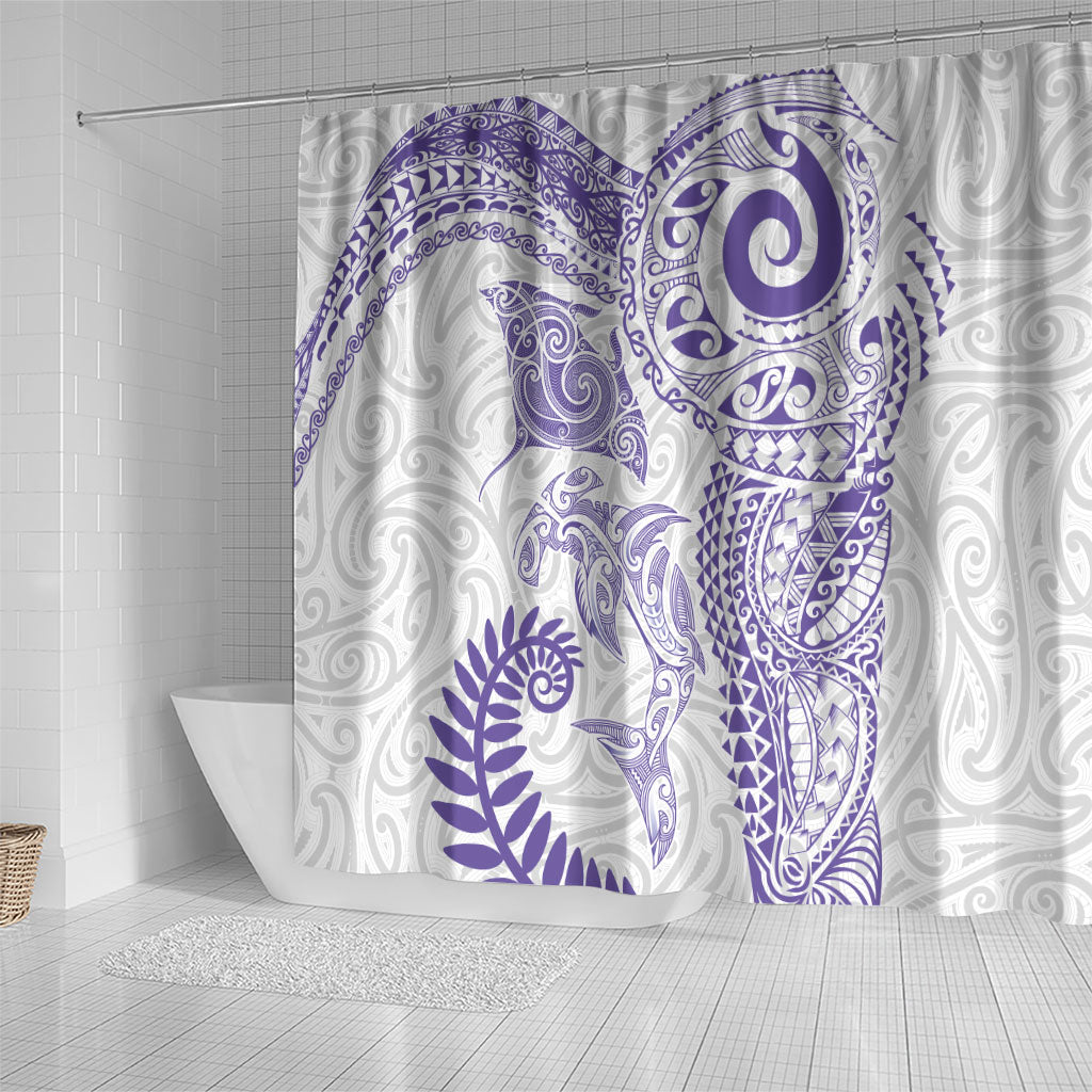 Aotearoa Maori Sea Animals Tribal Shower Curtain Manta Ray and Shark Moko Pattern Purple Color