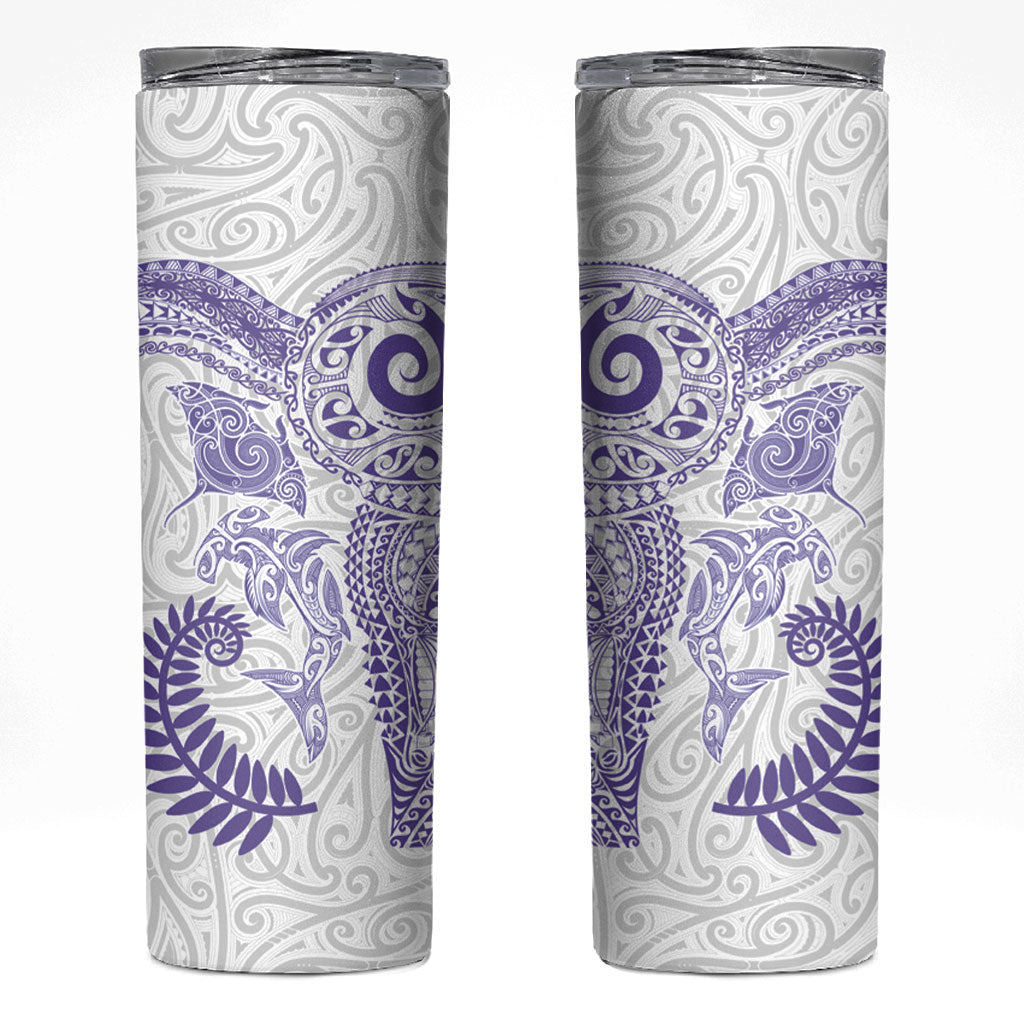 Aotearoa Maori Sea Animals Tribal Skinny Tumbler Manta Ray and Shark Moko Pattern Purple Color