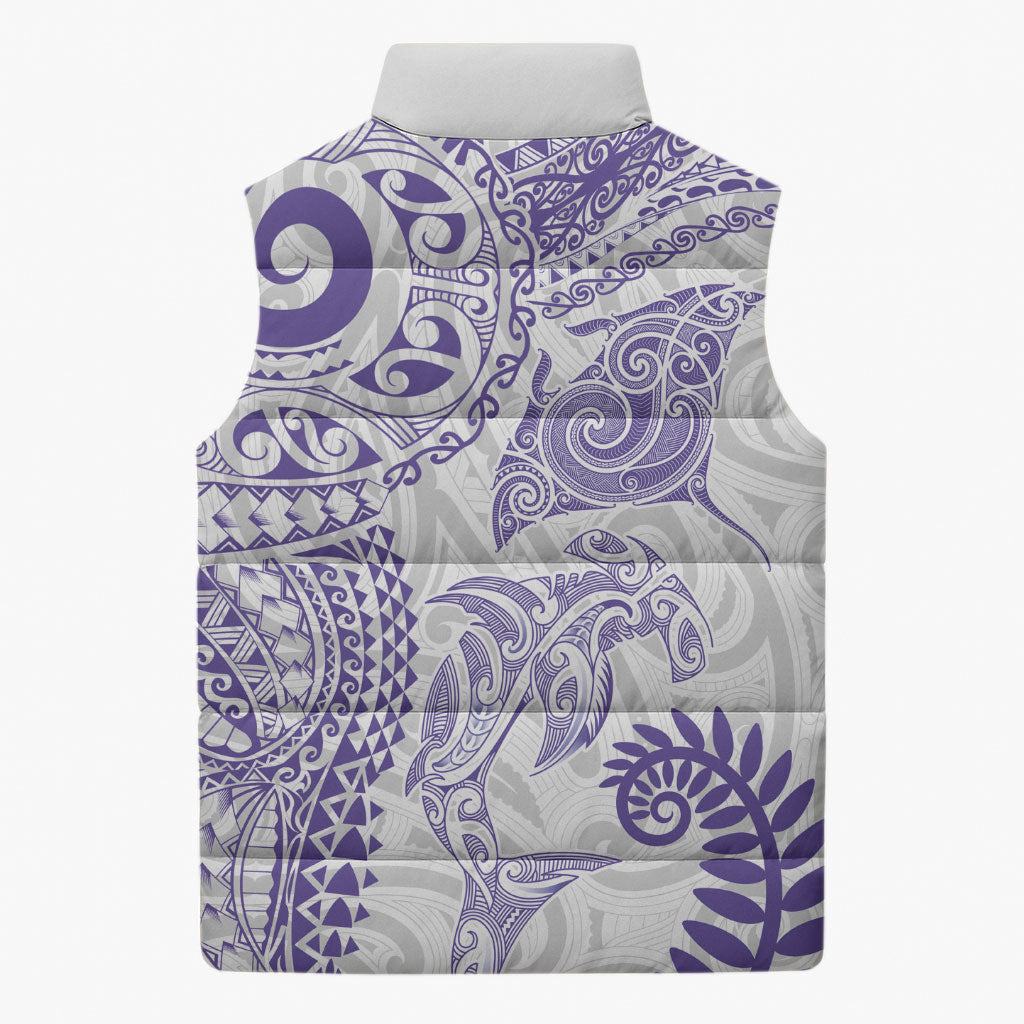 Aotearoa Maori Sea Animals Tribal Sleeveless Puffer Jacket Manta Ray and Shark Moko Pattern Purple Color