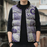 Aotearoa Maori Sea Animals Tribal Sleeveless Puffer Jacket Manta Ray and Shark Moko Pattern Purple Color