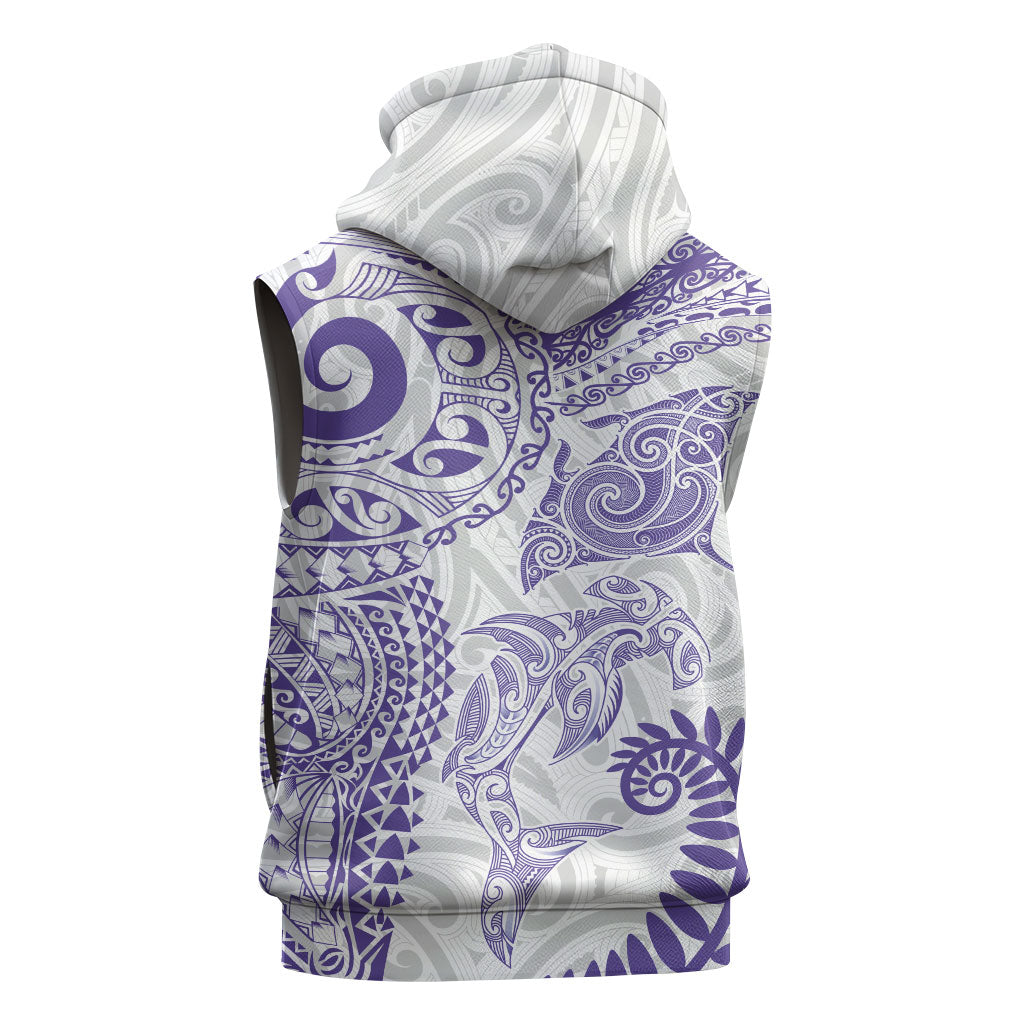 Aotearoa Maori Sea Animals Tribal Sleeveless Zip Hoodie Manta Ray and Shark Moko Pattern Purple Color LT03 - Polynesian Pride