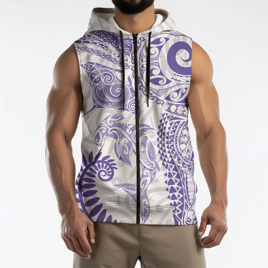 Aotearoa Maori Sea Animals Tribal Sleeveless Zip Hoodie Manta Ray and Shark Moko Pattern Purple Color LT03 - Polynesian Pride