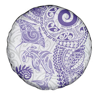 Aotearoa Maori Sea Animals Tribal Spare Tire Cover Manta Ray and Shark Moko Pattern Purple Color