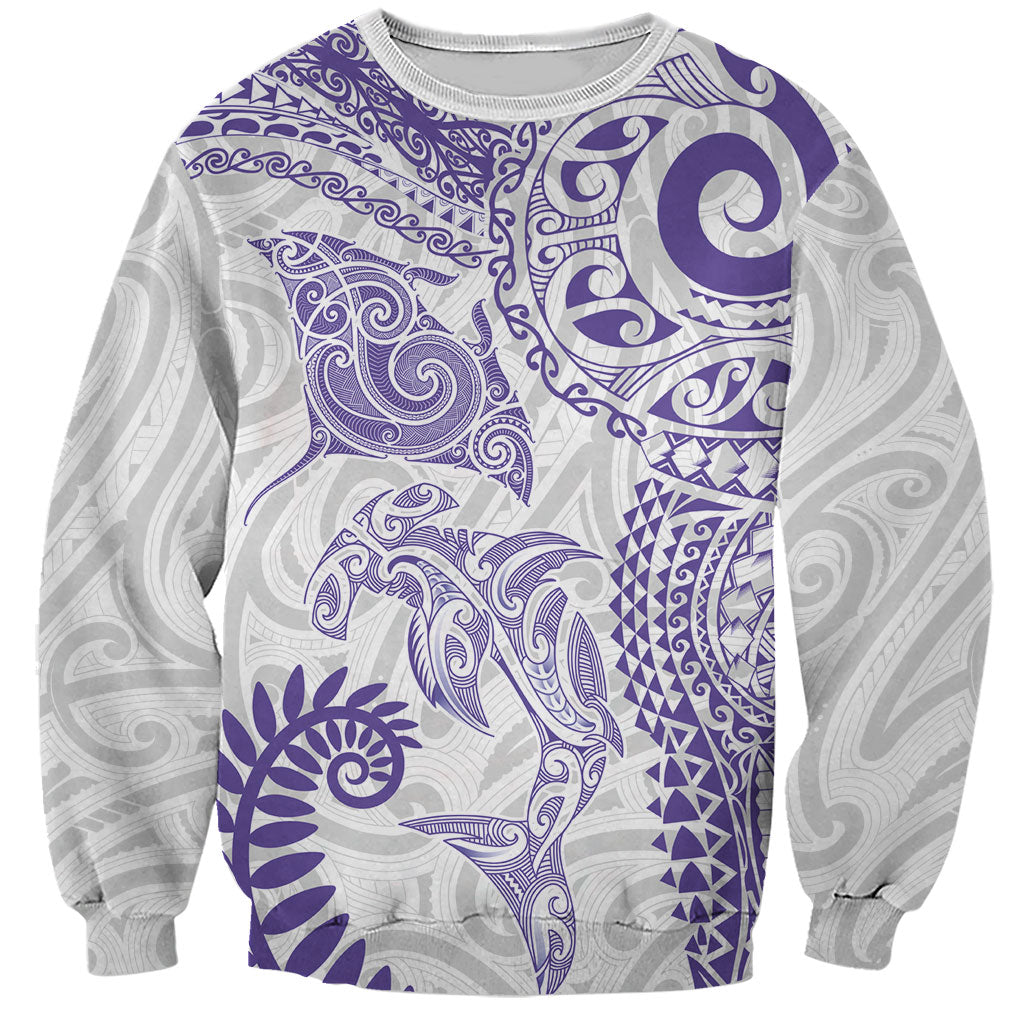 Aotearoa Maori Sea Animals Tribal Sweatshirt Manta Ray and Shark Moko Pattern Purple Color