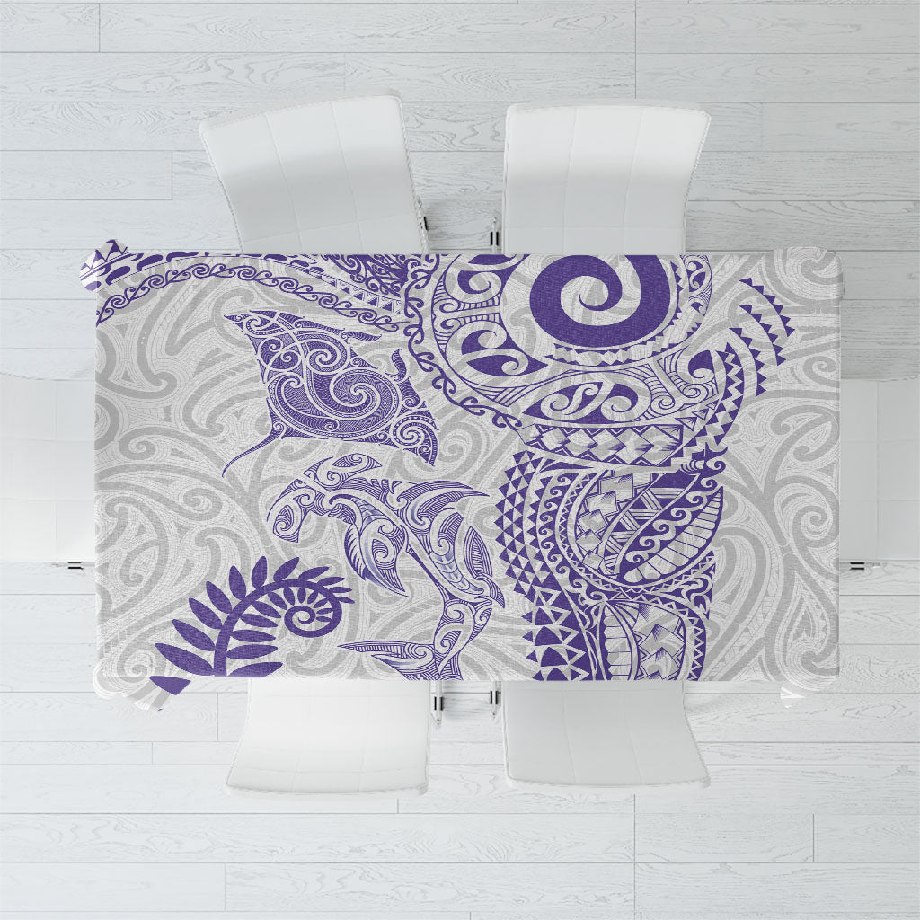Aotearoa Maori Sea Animals Tribal Tablecloth Manta Ray and Shark Moko Pattern Purple Color