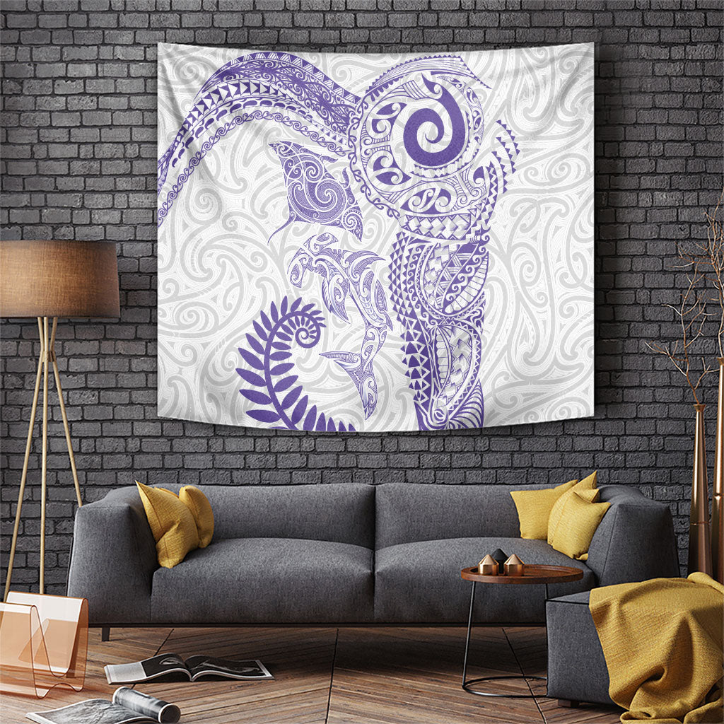 Aotearoa Maori Sea Animals Tribal Tapestry Manta Ray and Shark Moko Pattern Purple Color