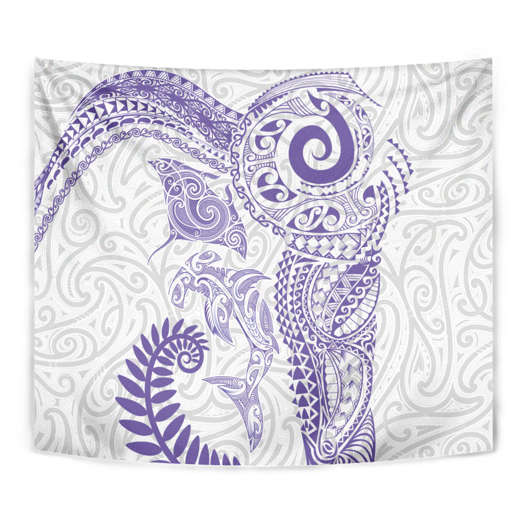 Aotearoa Maori Sea Animals Tribal Tapestry Manta Ray and Shark Moko Pattern Purple Color