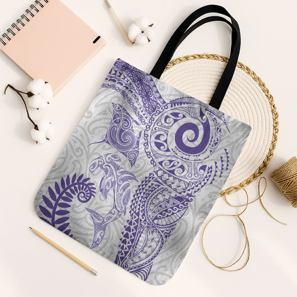 Aotearoa Maori Sea Animals Tribal Tote Bag Manta Ray and Shark Moko Pattern Purple Color