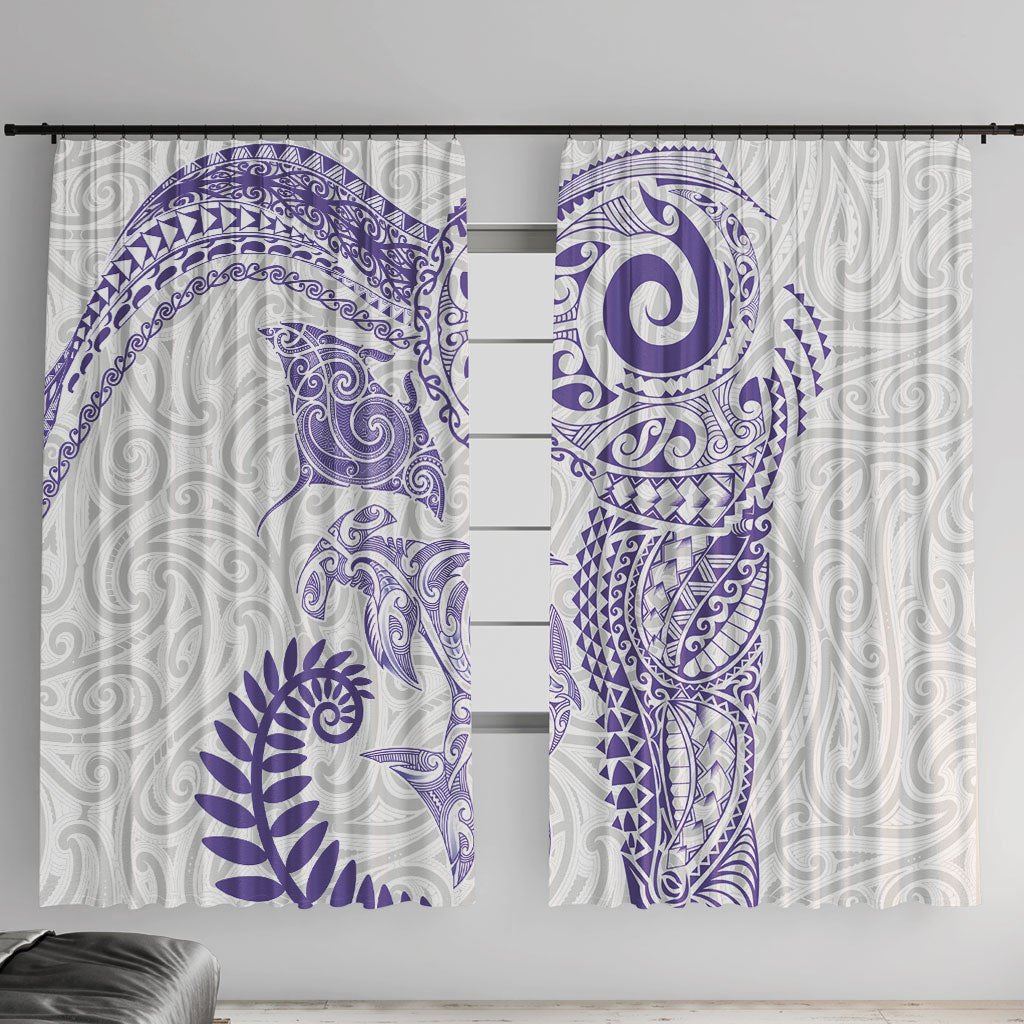 Aotearoa Maori Sea Animals Tribal Window Curtain Manta Ray and Shark Moko Pattern Purple Color
