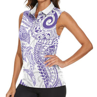 Aotearoa Maori Sea Animals Tribal Women Sleeveless Polo Shirt Manta Ray and Shark Moko Pattern Purple Color LT03 - Polynesian Pride