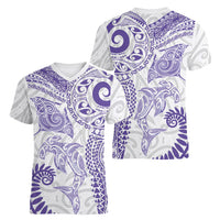 Aotearoa Maori Sea Animals Tribal Women V-Neck T-Shirt Manta Ray and Shark Moko Pattern Purple Color LT03 - Polynesian Pride