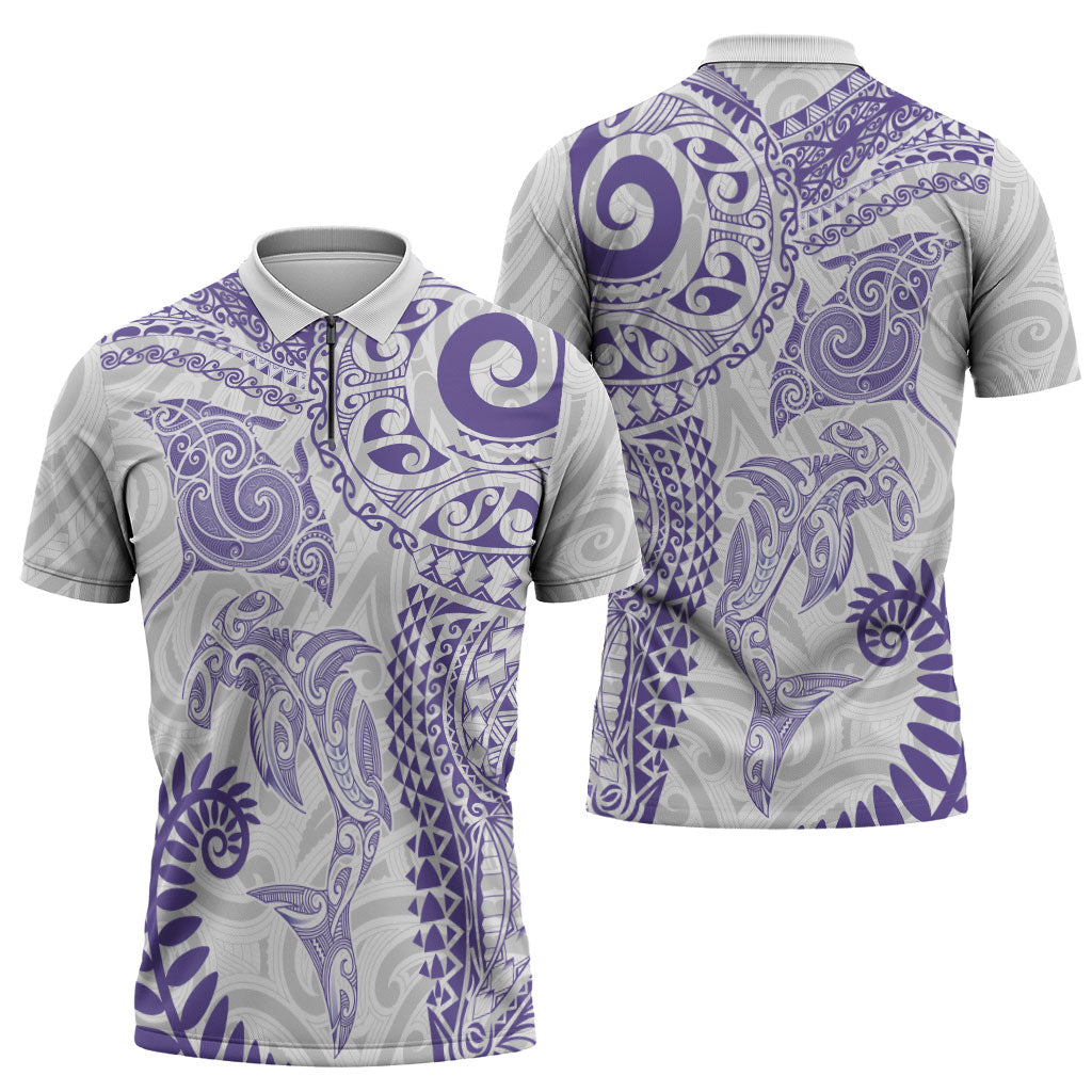 Aotearoa Maori Sea Animals Tribal Zipper Polo Shirt Manta Ray and Shark Moko Pattern Purple Color LT03 - Polynesian Pride