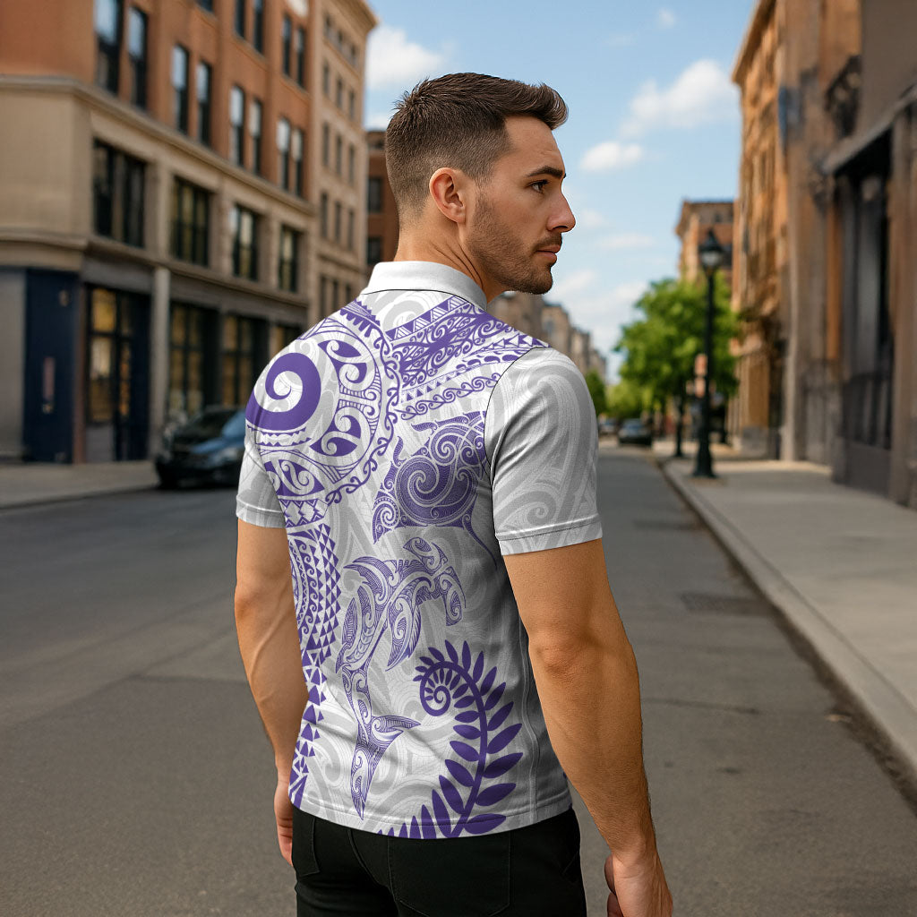 Aotearoa Maori Sea Animals Tribal Zipper Polo Shirt Manta Ray and Shark Moko Pattern Purple Color LT03 - Polynesian Pride