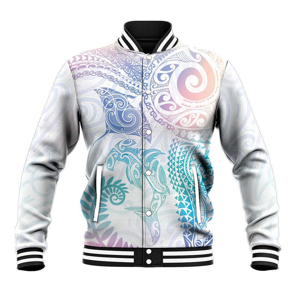 Aotearoa Maori Sea Animals Tribal Baseball Jacket Manta Ray and Shark Moko Pattern Sweet Pastel