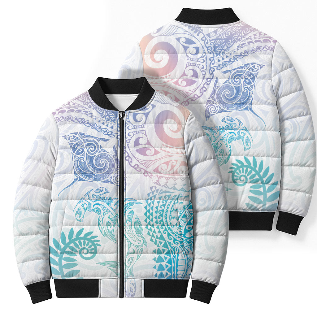 Aotearoa Maori Sea Animals Tribal Bomber Puffer Jacket Manta Ray and Shark Moko Pattern Sweet Pastel