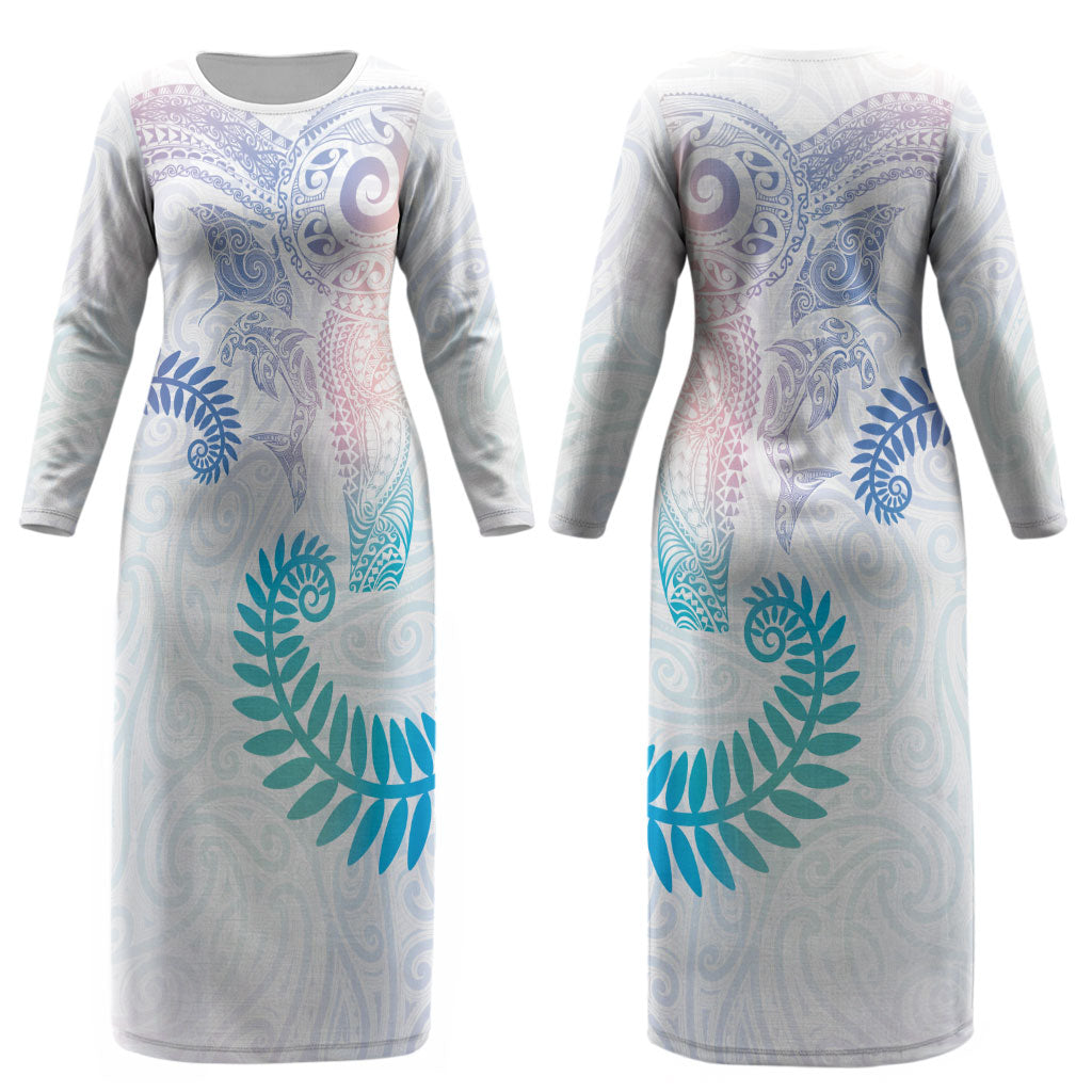 Aotearoa Maori Sea Animals Tribal Couples Matching Long Sleeve Bodycon Dress and Hawaiian Shirt Manta Ray and Shark Moko Pattern Sweet Pastel LT03 - Polynesian Pride