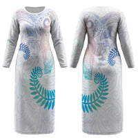 Aotearoa Maori Sea Animals Tribal Couples Matching Long Sleeve Bodycon Dress and Long Sleeve Button Shirt Manta Ray and Shark Moko Pattern Sweet Pastel LT03 - Polynesian Pride