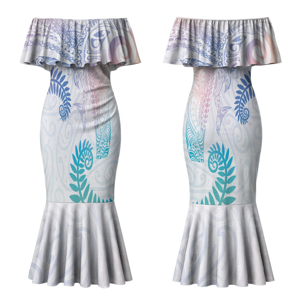 Aotearoa Maori Sea Animals Tribal Couples Matching Mermaid Dress and Hawaiian Shirt Manta Ray and Shark Moko Pattern Sweet Pastel LT03 - Polynesian Pride
