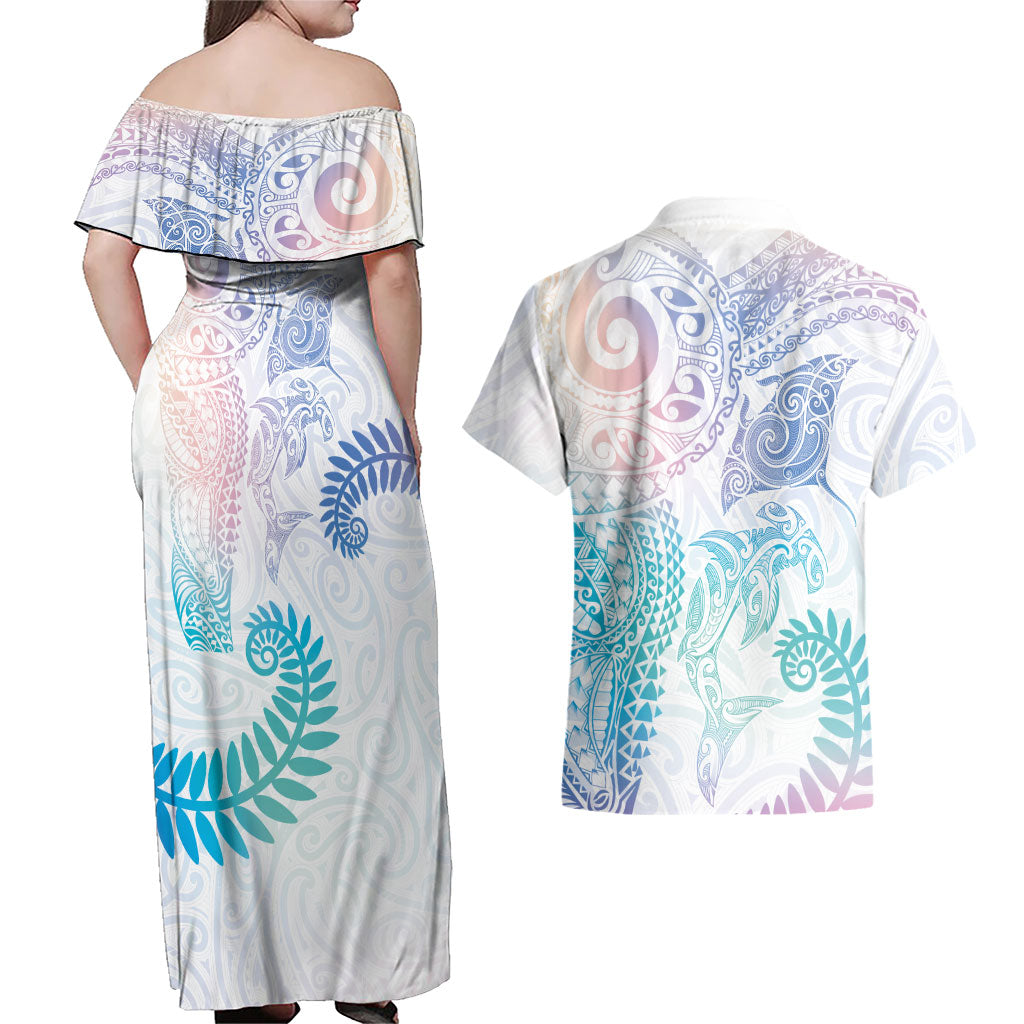 Aotearoa Maori Sea Animals Tribal Couples Matching Off Shoulder Maxi Dress and Hawaiian Shirt Manta Ray and Shark Moko Pattern Sweet Pastel LT03 - Polynesian Pride
