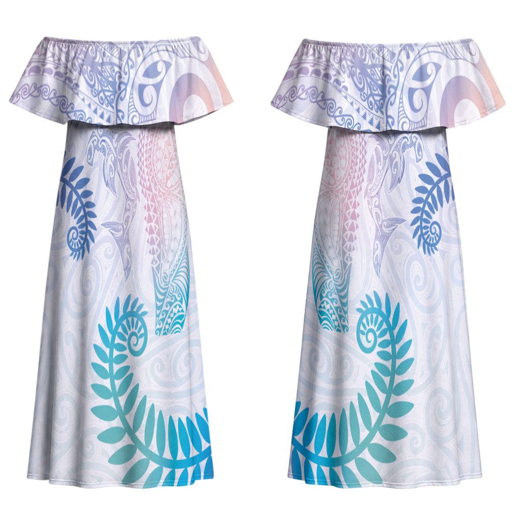 Aotearoa Maori Sea Animals Tribal Couples Matching Off Shoulder Maxi Dress and Hawaiian Shirt Manta Ray and Shark Moko Pattern Sweet Pastel LT03 - Polynesian Pride