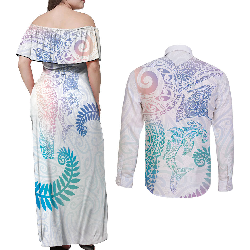 Aotearoa Maori Sea Animals Tribal Couples Matching Off Shoulder Maxi Dress and Long Sleeve Button Shirt Manta Ray and Shark Moko Pattern Sweet Pastel LT03 - Polynesian Pride