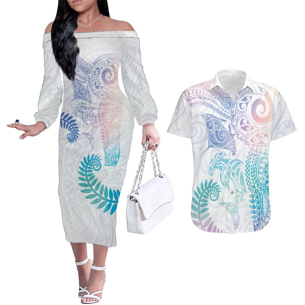 Aotearoa Maori Sea Animals Tribal Couples Matching Off The Shoulder Long Sleeve Dress and Hawaiian Shirt Manta Ray and Shark Moko Pattern Sweet Pastel