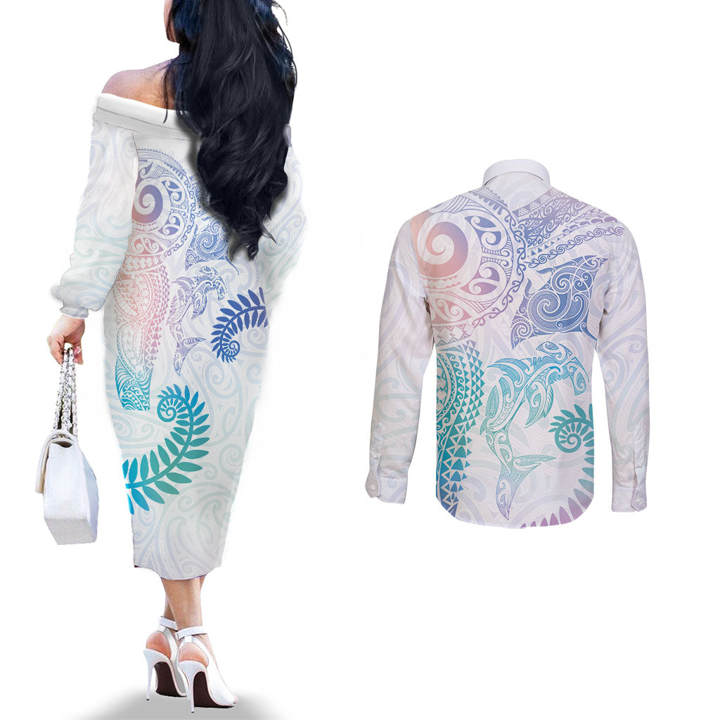Aotearoa Maori Sea Animals Tribal Couples Matching Off The Shoulder Long Sleeve Dress and Long Sleeve Button Shirt Manta Ray and Shark Moko Pattern Sweet Pastel LT03 - Polynesian Pride