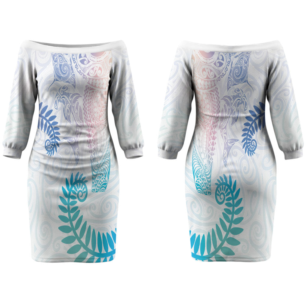 Aotearoa Maori Sea Animals Tribal Couples Matching Off The Shoulder Long Sleeve Dress and Long Sleeve Button Shirt Manta Ray and Shark Moko Pattern Sweet Pastel LT03 - Polynesian Pride