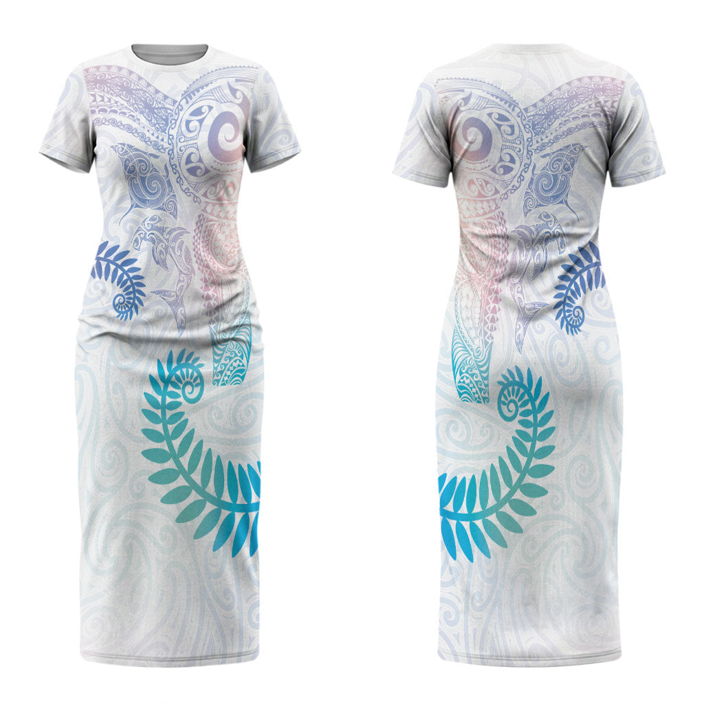 Aotearoa Maori Sea Animals Tribal Couples Matching Short Sleeve Bodycon Dress and Long Sleeve Button Shirt Manta Ray and Shark Moko Pattern Sweet Pastel LT03 - Polynesian Pride