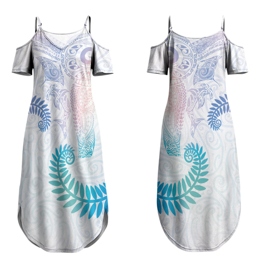 Aotearoa Maori Sea Animals Tribal Couples Matching Summer Maxi Dress and Hawaiian Shirt Manta Ray and Shark Moko Pattern Sweet Pastel LT03 - Polynesian Pride