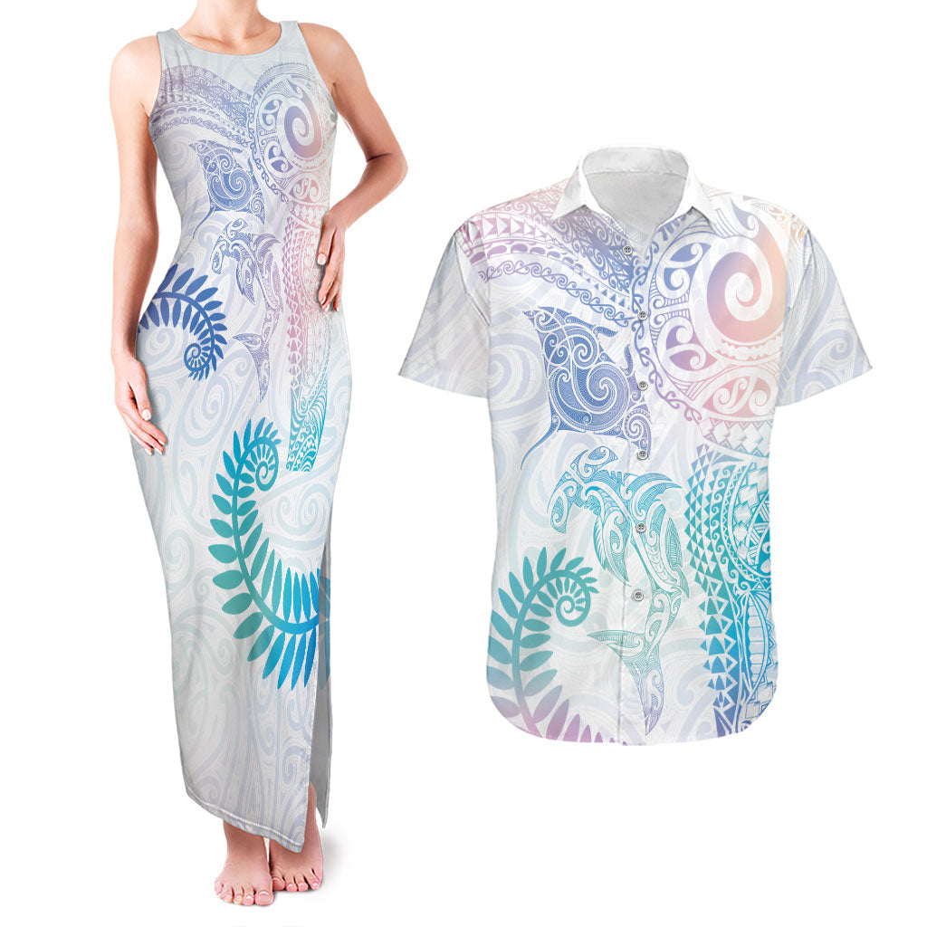 Aotearoa Maori Sea Animals Tribal Couples Matching Tank Maxi Dress and Hawaiian Shirt Manta Ray and Shark Moko Pattern Sweet Pastel LT03 Multicolor - Polynesian Pride