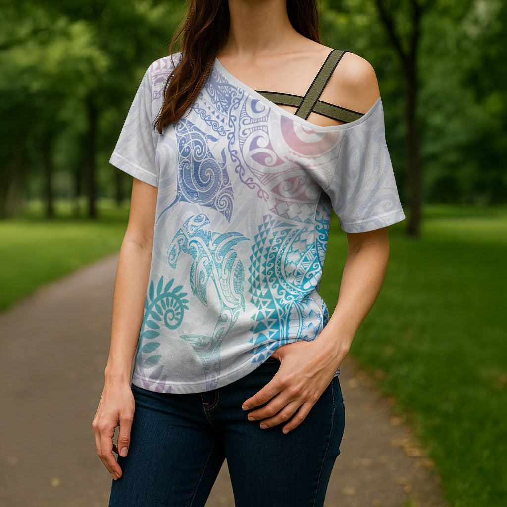 Aotearoa Maori Sea Animals Tribal Cross Shoulder Shirt Manta Ray and Shark Moko Pattern Sweet Pastel
