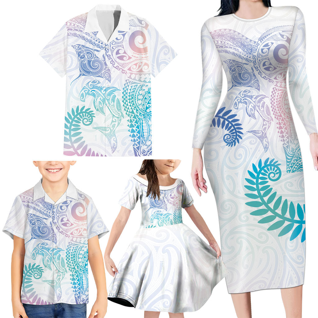 Aotearoa Maori Sea Animals Tribal Family Matching Long Sleeve Bodycon Dress and Hawaiian Shirt Manta Ray and Shark Moko Pattern Sweet Pastel