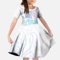 Aotearoa Maori Sea Animals Tribal Family Matching Off Shoulder Maxi Dress and Hawaiian Shirt Manta Ray and Shark Moko Pattern Sweet Pastel LT03 Daughter's Dress Multicolor - Polynesian Pride
