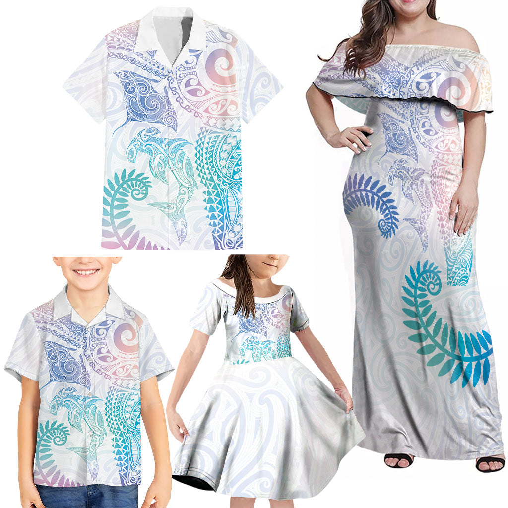 Aotearoa Maori Sea Animals Tribal Family Matching Off Shoulder Maxi Dress and Hawaiian Shirt Manta Ray and Shark Moko Pattern Sweet Pastel LT03 - Polynesian Pride