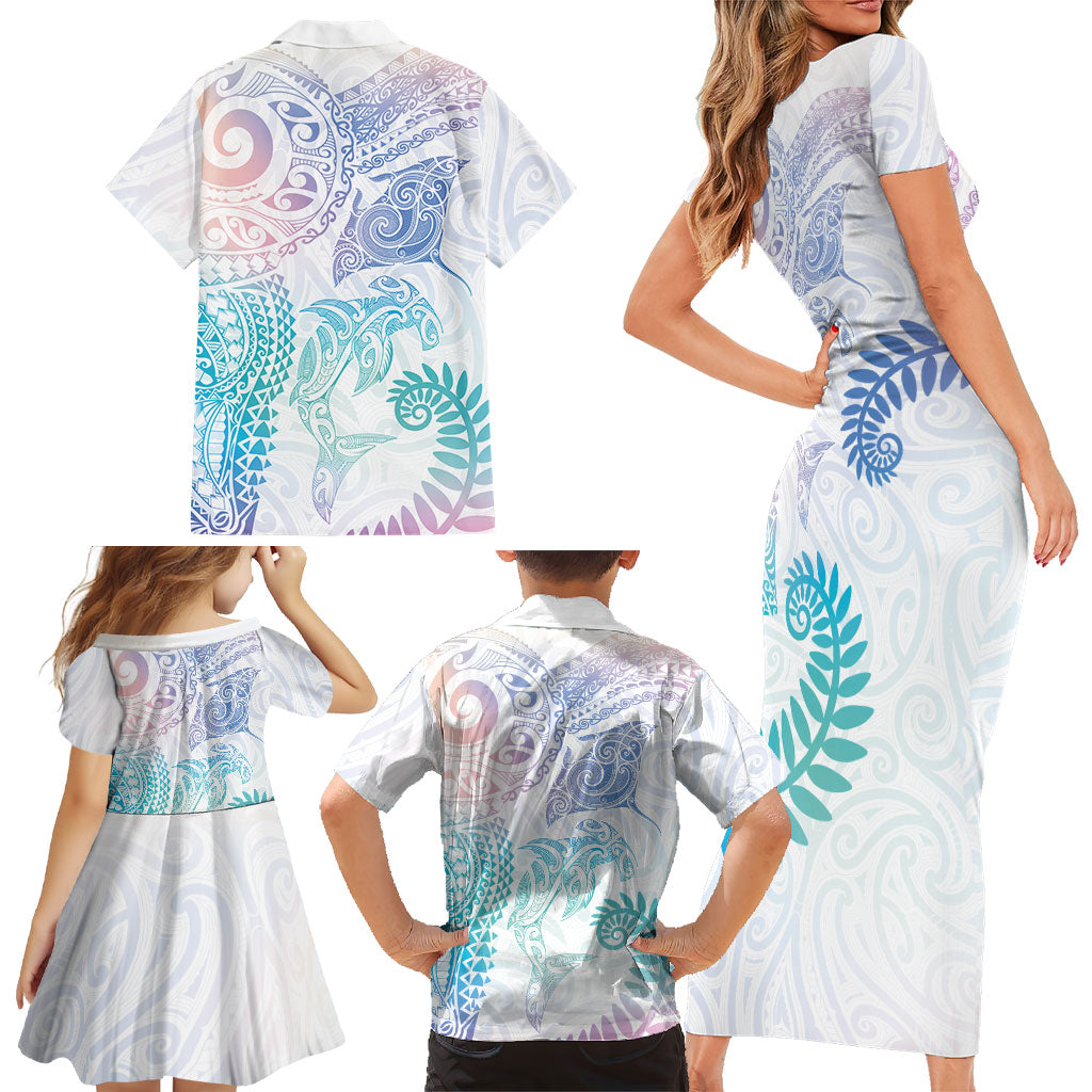 Aotearoa Maori Sea Animals Tribal Family Matching Short Sleeve Bodycon Dress and Hawaiian Shirt Manta Ray and Shark Moko Pattern Sweet Pastel LT03 - Polynesian Pride