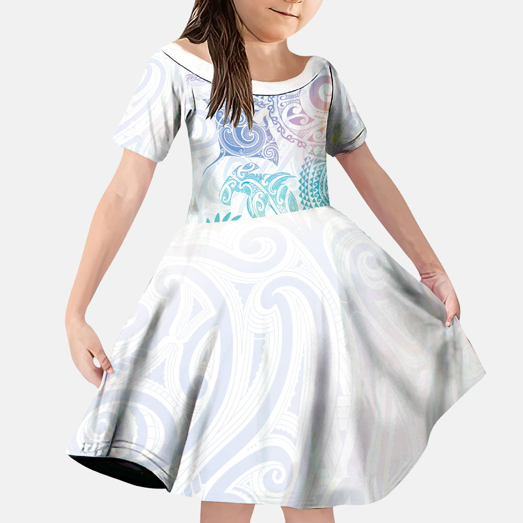 Aotearoa Maori Sea Animals Tribal Family Matching Summer Maxi Dress and Hawaiian Shirt Manta Ray and Shark Moko Pattern Sweet Pastel LT03 Daughter's Dress Multicolor - Polynesian Pride