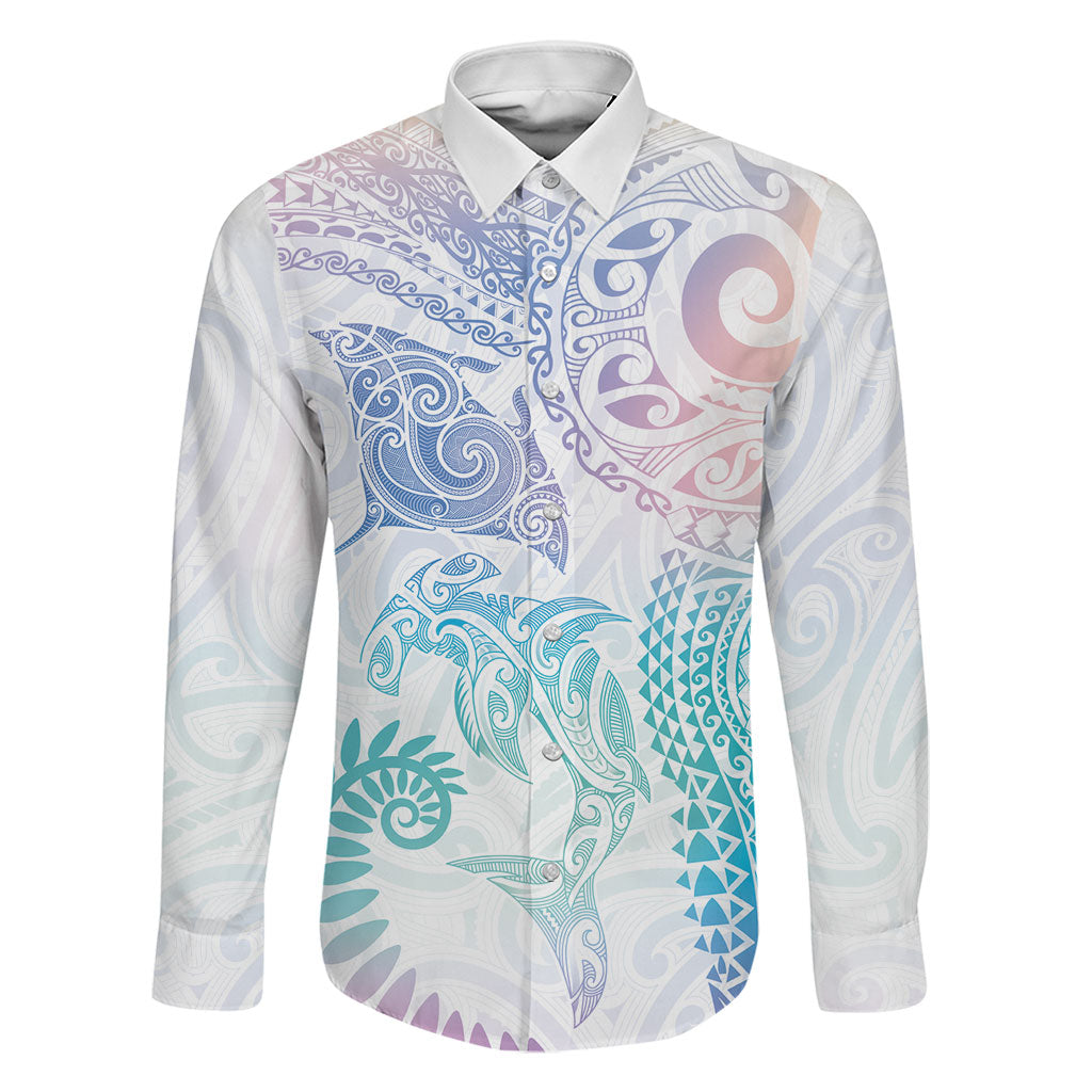 Aotearoa Maori Sea Animals Tribal Family Matching Summer Maxi Dress and Hawaiian Shirt Manta Ray and Shark Moko Pattern Sweet Pastel LT03 Dad's Shirt - Long Sleeve Multicolor - Polynesian Pride