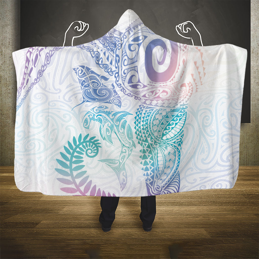 Aotearoa Maori Sea Animals Tribal Hooded Blanket Manta Ray and Shark Moko Pattern Sweet Pastel LT03 - Polynesian Pride