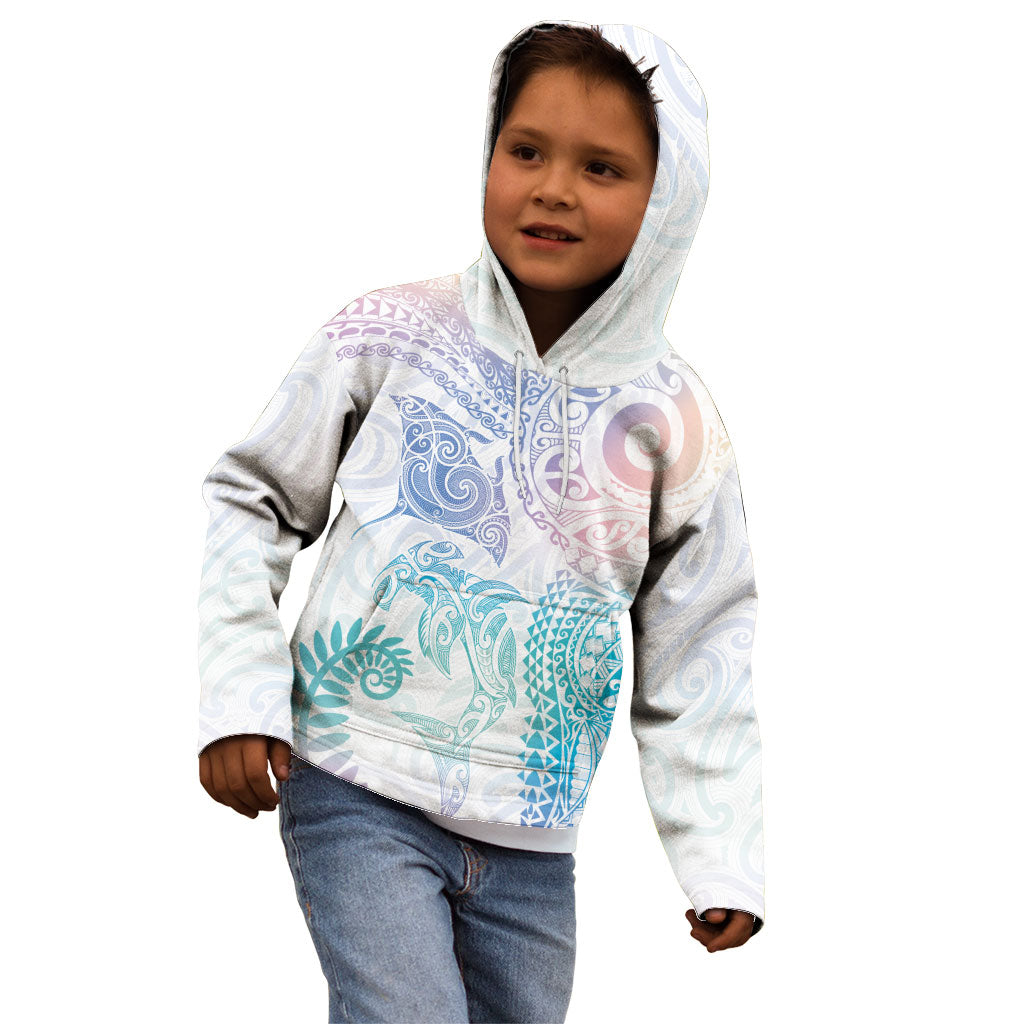 Aotearoa Maori Sea Animals Tribal Kid Hoodie Manta Ray and Shark Moko Pattern Sweet Pastel