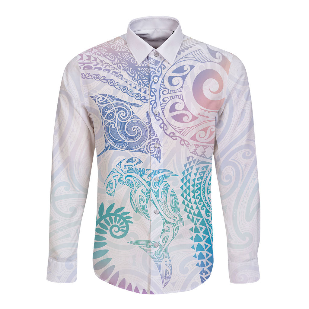 Aotearoa Maori Sea Animals Tribal Long Sleeve Button Shirt Manta Ray and Shark Moko Pattern Sweet Pastel