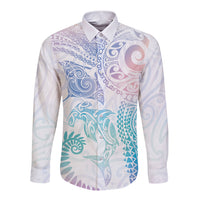 Aotearoa Maori Sea Animals Tribal Long Sleeve Button Shirt Manta Ray and Shark Moko Pattern Sweet Pastel