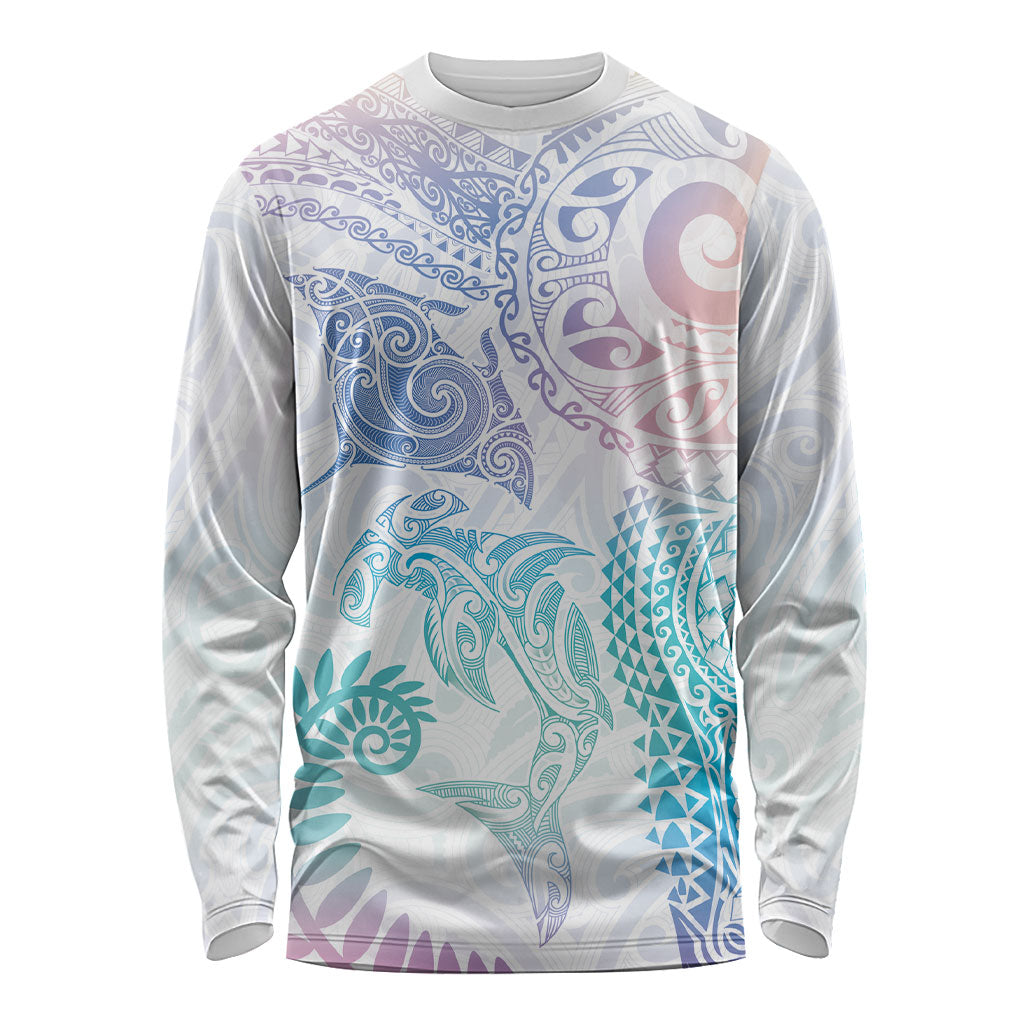 Aotearoa Maori Sea Animals Tribal Long Sleeve Shirt Manta Ray and Shark Moko Pattern Sweet Pastel